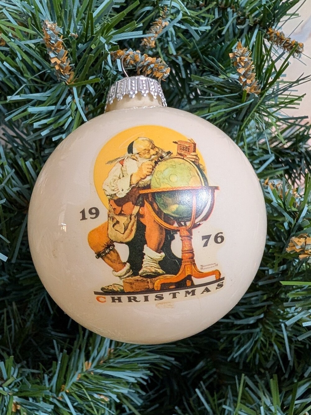 Norman Rockwell 1976 Christmas Ornament Santa Claus Globe Route Gift VTG